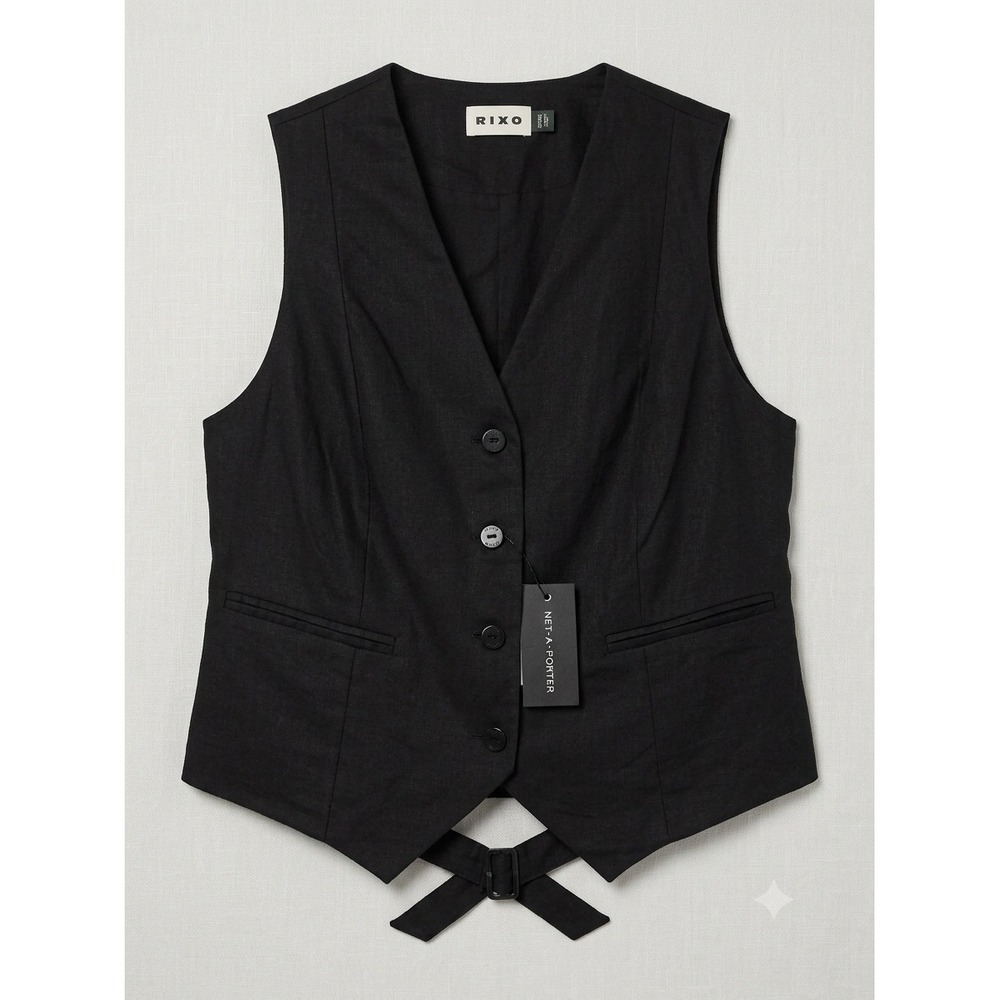 RIXO Black Linen Blend V-Neck Button Front Waistcoat Vest Size 6 NWT